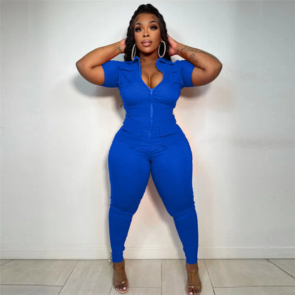 Wmstar Jumpsuit Women Summer Romper V Neck Zipper Short Sleeves Solid Pockets One Piece Outfits Bodysuit Wholesale Dropshipping