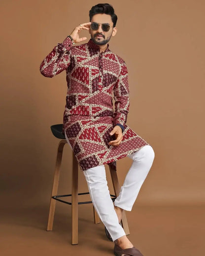 2025 Men Digital Printed Kurta Vardha Regular Fit Mandarin Collar Long Suitable All Occasions Such Wedding Hari Raya Aidilfitri