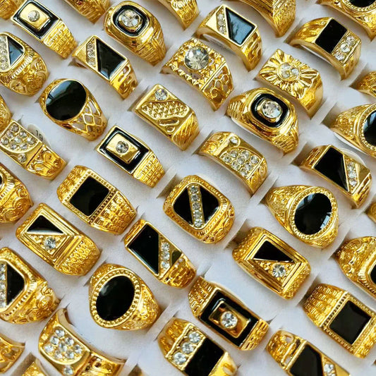 5Pcs Fashion Jewelry Men's Gold Color Enamel Rhinestone Rings Hot Wholesale Mixed Lots Party Drop Ship Free LR4047