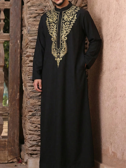 Muslim men's thobe long sleeves embroidered stand-up loose casual Saudi Arabia Islamic men's Abaya parties traditional clothing