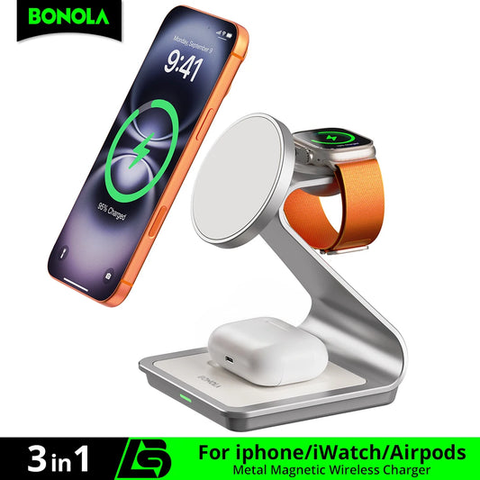 Bonola Magnetic 3 in 1 Wireless Charger for iPhone 17/16/15/13/14/12 30W Wireless Charging Station for Apple Watch/AirPods Pro