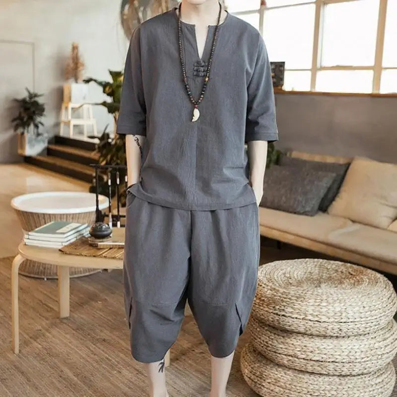Loose Men's Short Sleeve T-Shirt Set Spring Summer Vintage Retro Tang Costume Hanfu Two-Piece Set Fitness Casual Wear Cotton