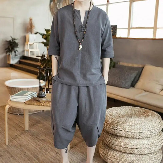 Loose Men's Short Sleeve T-Shirt Set Spring Summer Vintage Retro Tang Costume Hanfu Two-Piece Set Fitness Casual Wear Cotton