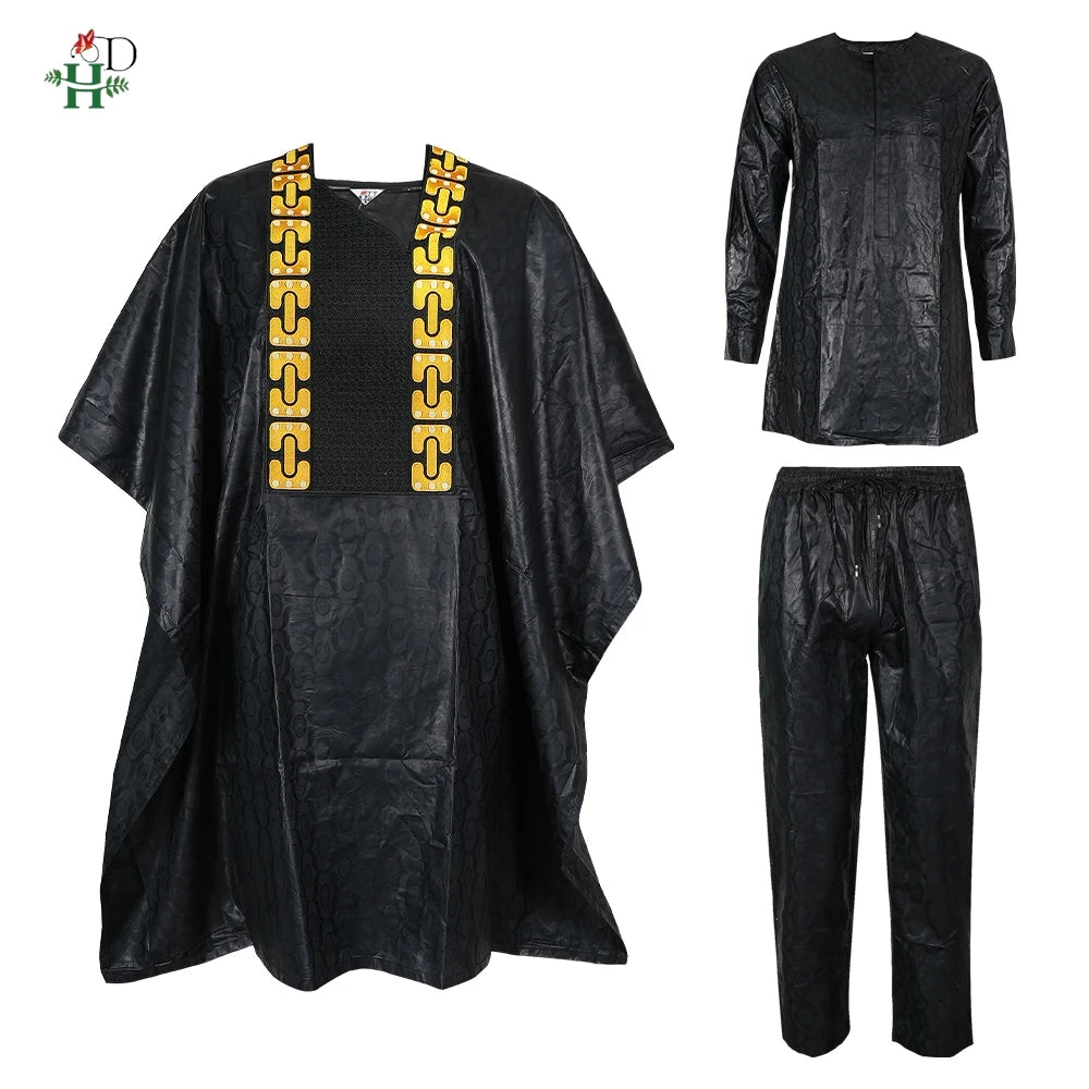 H&D African Clothing Traditional 3PCS Outfit For Man Bazin Riche Agbada Embroidery Wedding Party Plus Size Muslim Men Clothing