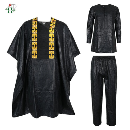 H&D African Clothing Traditional 3PCS Outfit For Man Bazin Riche Agbada Embroidery Wedding Party Plus Size Muslim Men Clothing