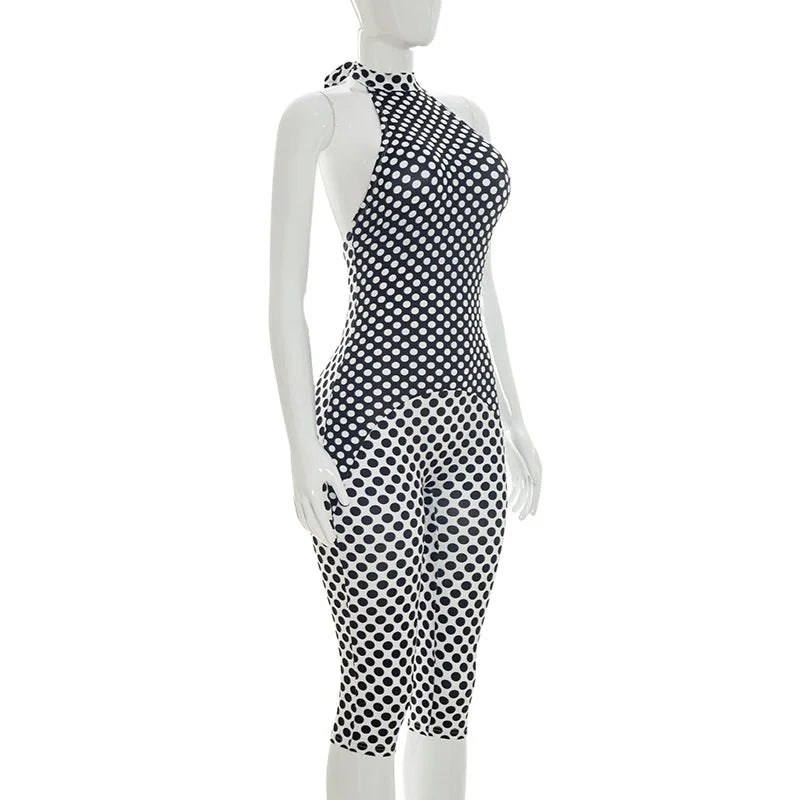 FAGADOER Color Patchwork Polka Dot Romper Retro Big Dot Bandage Halter Bodycon Jumpsuits Summer Streetwear Playsuits 2026 Trendy