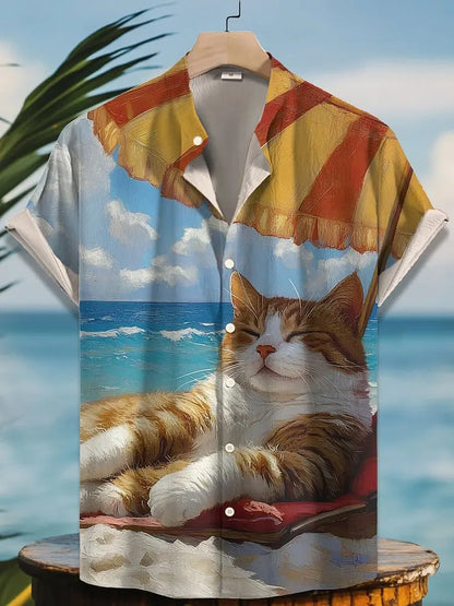 Funny Men's Cat Drinking Beer Shirts 3D Print Hawaiian Shirts Summer Men Women Short Sleeve Blouse Casual Vacation Beach Y2k Top