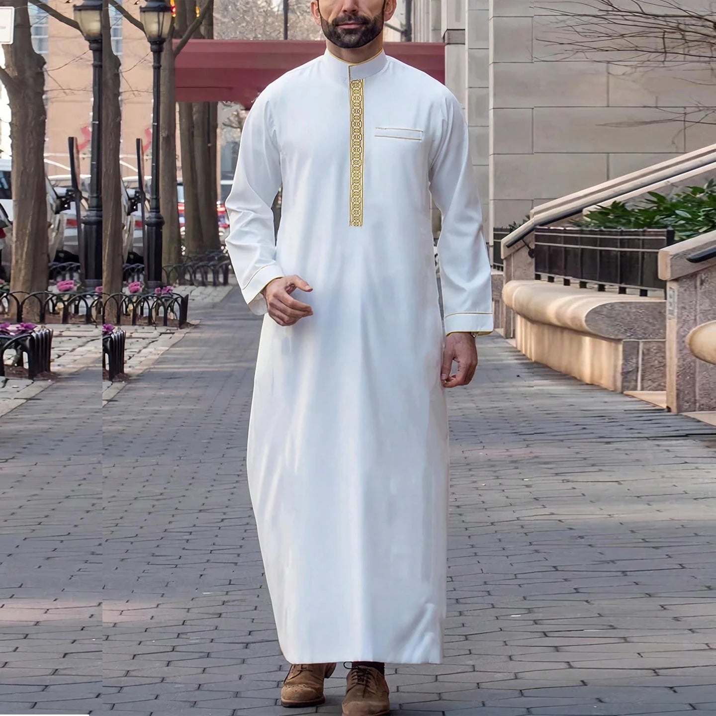 Muslim men's thobe long sleeves embroidered stand-up loose casual Saudi Arabia Islamic men's Abaya parties traditional clothing
