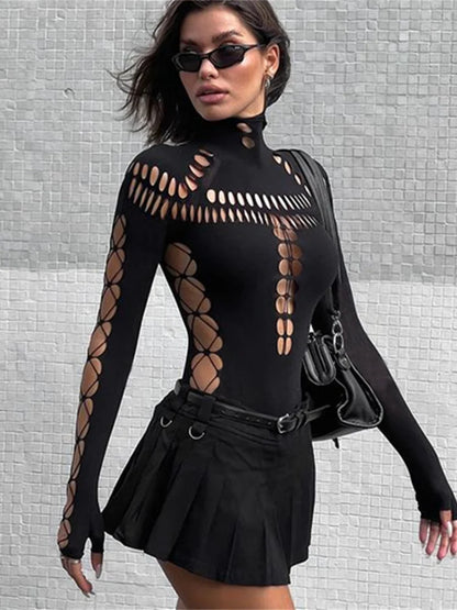 Body femme ajouré avec laçage croisé et manches longues, coupe moulante sexy, tenue de soirée ou club, style streetwear Y2K.