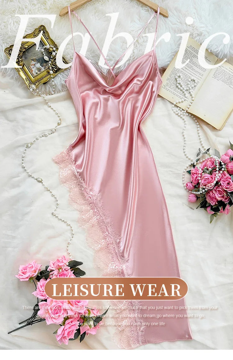 Sexy Lace Patchwork Pajamas Comfortable And Casual Long And Comfortable Women's Nightgown