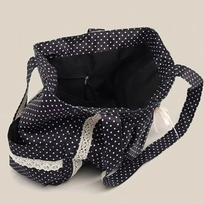 Korean Polka Dot Shoulder Bag For Women Retro Fashion Large Capacity Tote Bag Literary Work Commute Versatile Canvas Handbag