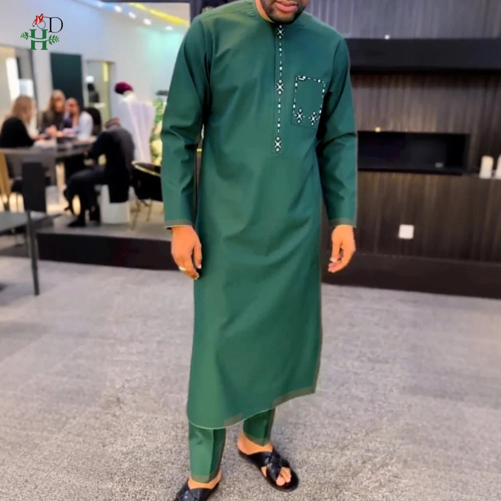 New African Traditional Clothes For Business Men Embroidery Dashiki Robe Shirt and Pants Sets 2 PCS Outfits Wedding Party 2025