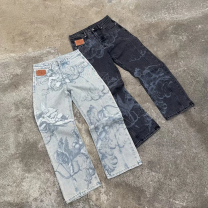Jean Baggy Y2K "Angel Cupids Arrow" – Style Rétro Américain, Coupe Droite &amp; Denim Stonewashed