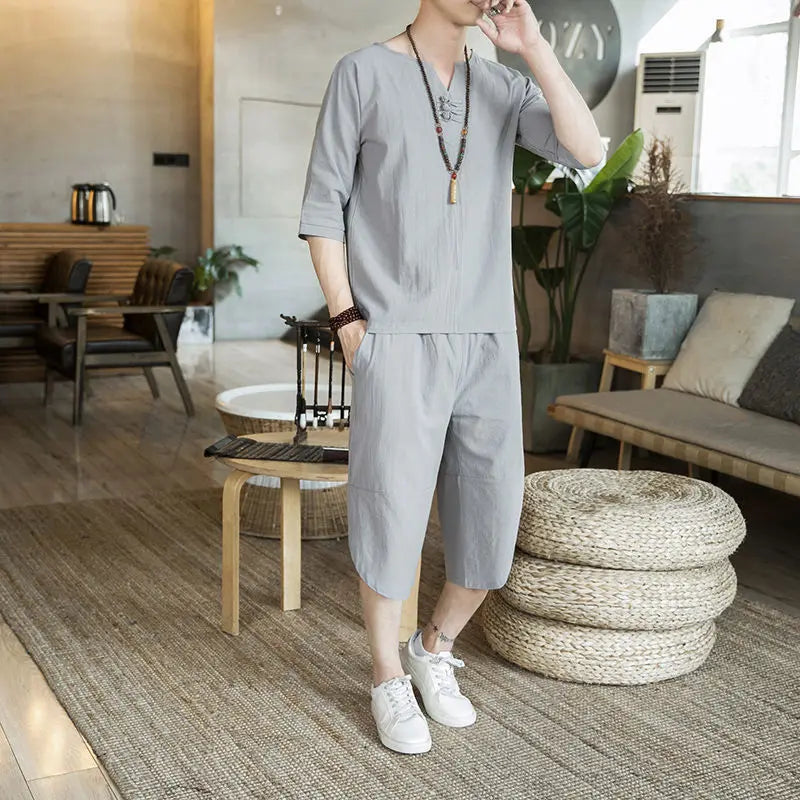 Loose Men's Short Sleeve T-Shirt Set Spring Summer Vintage Retro Tang Costume Hanfu Two-Piece Set Fitness Casual Wear Cotton