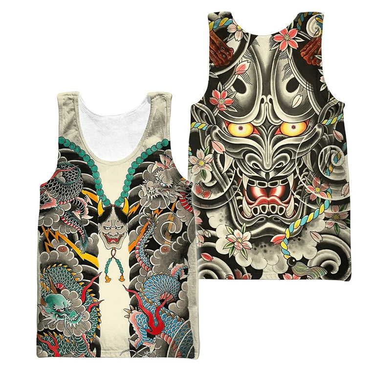 Samurai Oni Mask Tattoo 3D All Over Printed Men vest Summer Harajuku Sleeveless T-shirt Unisex Casual Polyester Tank Tops