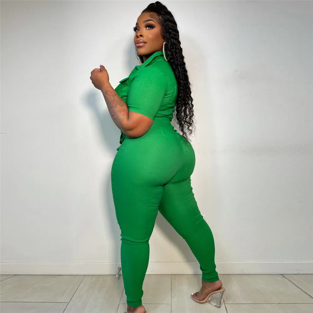 Wmstar Jumpsuit Women Summer Romper V Neck Zipper Short Sleeves Solid Pockets One Piece Outfits Bodysuit Wholesale Dropshipping