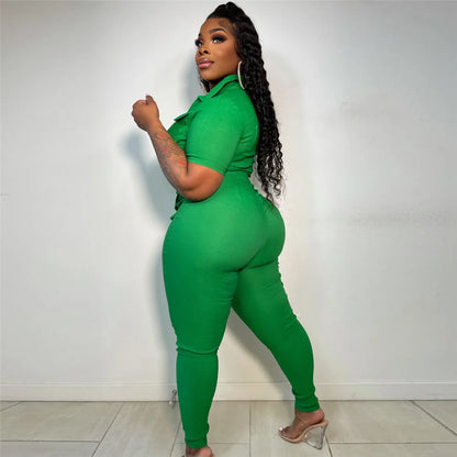 Wmstar Jumpsuit Women Summer Romper V Neck Zipper Short Sleeves Solid Pockets One Piece Outfits Bodysuit Wholesale Dropshipping