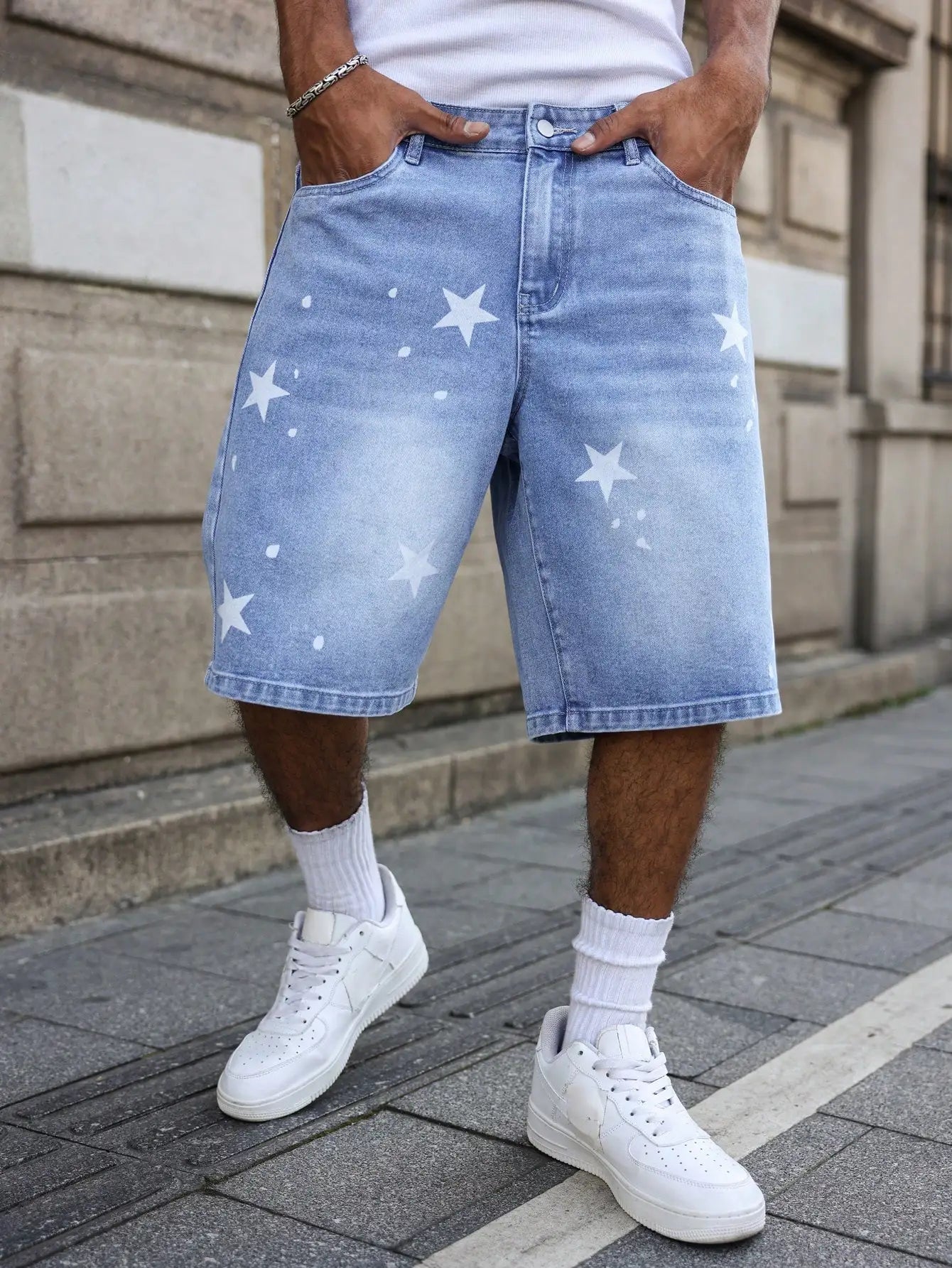 Short en Jean Ample Imprimé Étoiles – Style Casual, Lavage aux Enzymes &amp; Look d'Été