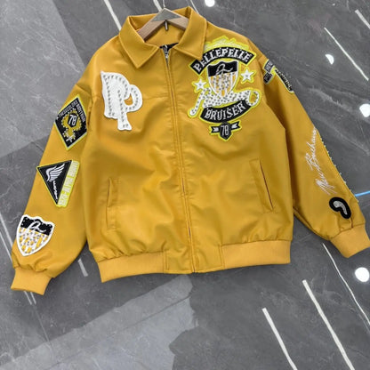 Heavy Industry Embroidery American Retro Motorcycle Coat Men's and Women's Stand Collar Flight Jacket Leather Jacket New Coat