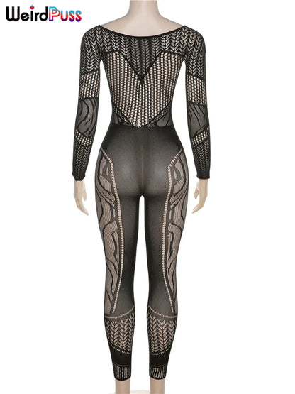 Combinaisons transparentes à manches longues pour femmes, ajourées, style sexy pour soirées, clubs ou danse, tenues galbantes style "coquette".