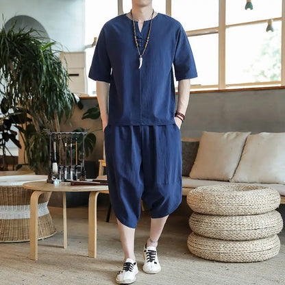 Loose Men's Short Sleeve T-Shirt Set Spring Summer Vintage Retro Tang Costume Hanfu Two-Piece Set Fitness Casual Wear Cotton