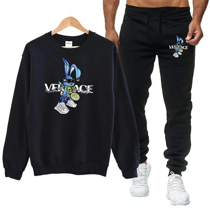 Men's autumn round neck sweatshirt set, luxurious printed simple casual sports set