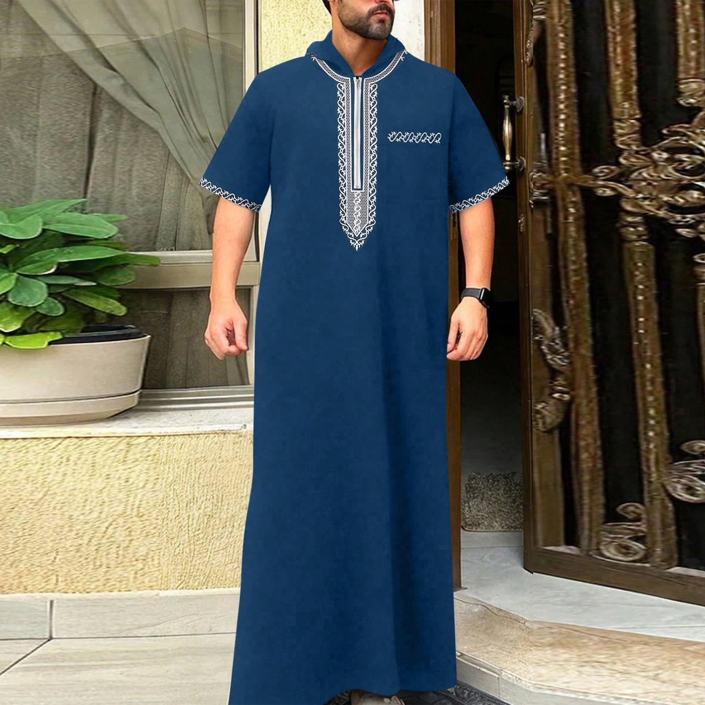 Muslim men's thobe long sleeves embroidered stand-up loose casual Saudi Arabia Islamic men's Abaya parties traditional clothing