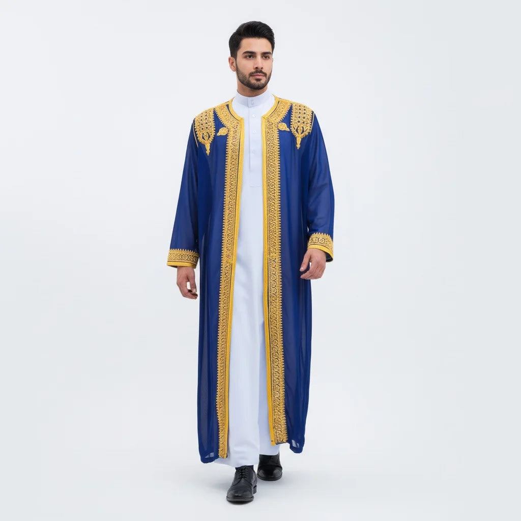 luxury Gold Embroidered Arab Traditional Long Robe Thobe Men's Formal Dress Middle East Ethnic Style Polyester Fiber