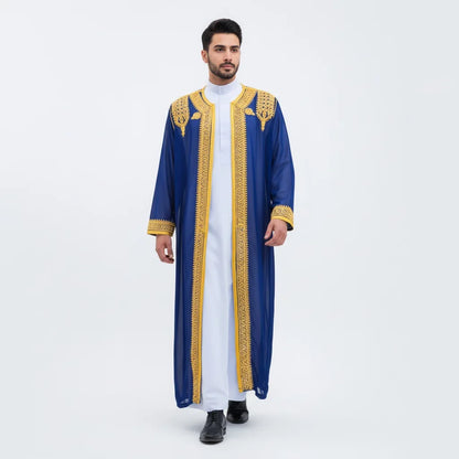 luxury Gold Embroidered Arab Traditional Long Robe Thobe Men's Formal Dress Middle East Ethnic Style Polyester Fiber