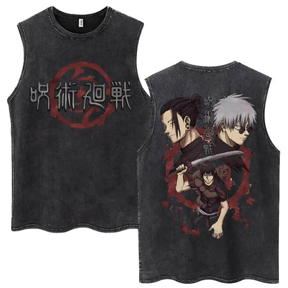 Anime Jujutsu Kaisen Satoru Gojo Vintage Wash Tank Tops Men Women Classic Manga Cotton T Shirt Fashion Loose Sleeveless T-Shirt
