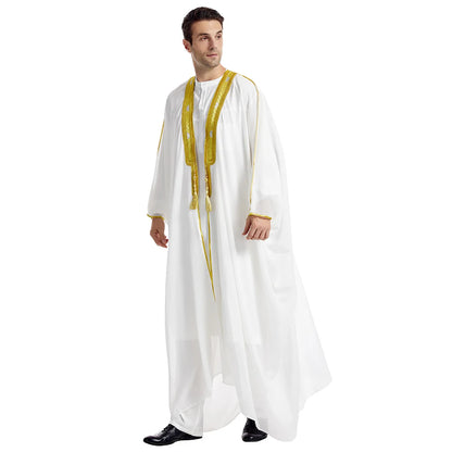 Islamic Men's Embroidered Prayer Robe Moroccan Open Abaya Kimono Eid Al Fitr Traditional Muslim Costume