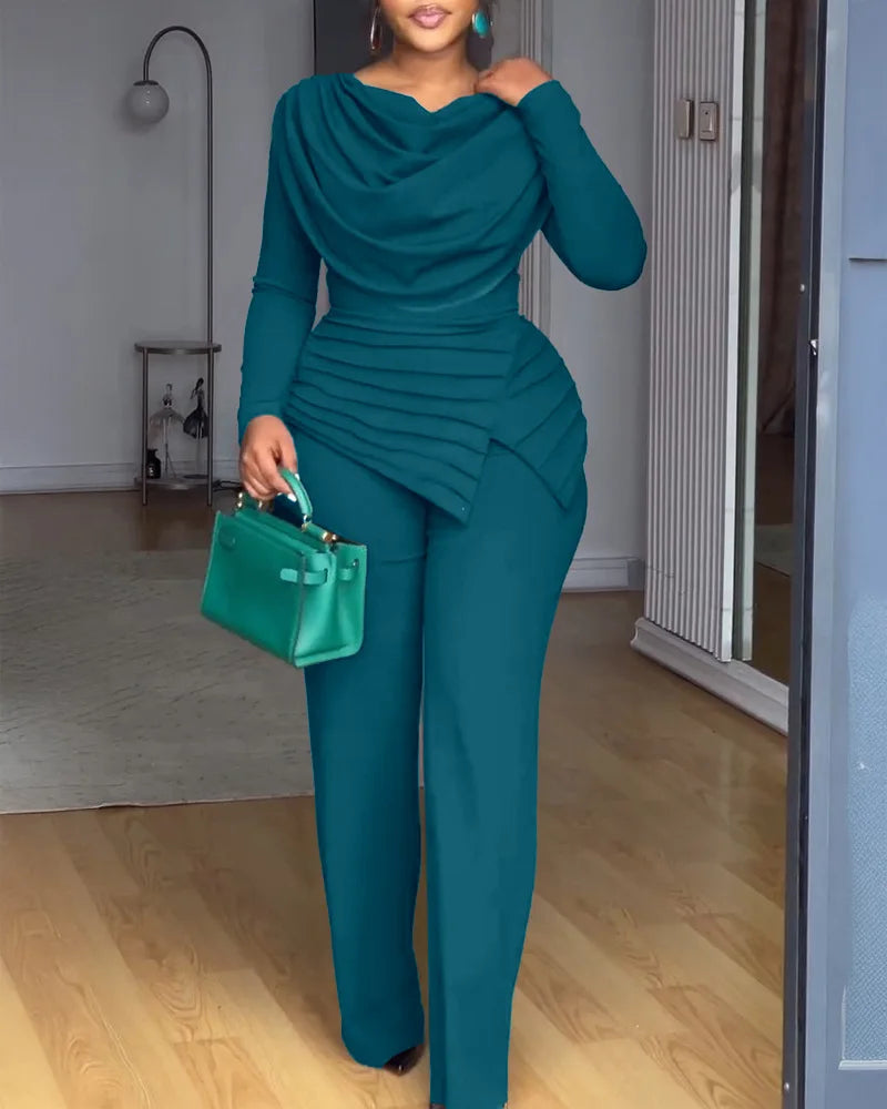 2025 Swing Collar Ruched Jumpsuit Long Sleeve Solid Elegant Office Lady Asymmetric Hem Casual Vintage Ruched Slim Autumn