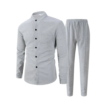 New autumn men's suit, waffle plain-colored long-sleevedshirt with pocket cardigan, stylish men's casual clothing long pants set