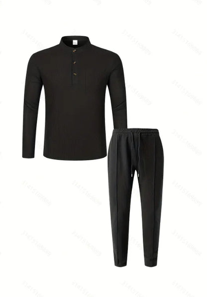 Men's Waffle Check Stand-Up Collar Semi-Casual Business Suit Button-Down Top with Comfortable Trousers have 1/2pieces