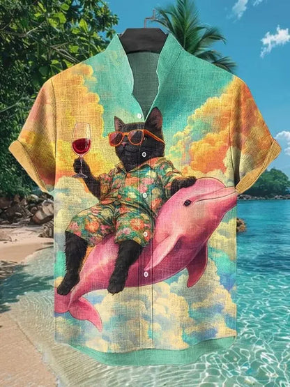 Funny Men's Cat Drinking Beer Shirts 3D Print Hawaiian Shirts Summer Men Women Short Sleeve Blouse Casual Vacation Beach Y2k Top