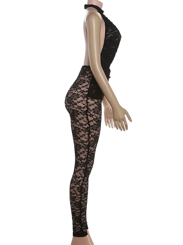 Nibber Hollow Jumpsuit Women Backless Halter Jacquard Sexy Trend Sleeveless Stretch Midnight Clubwear Patchwork Overalls