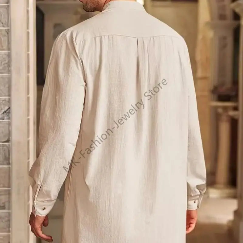 Q6PF Fashion Long Sleeve Men Thobe Ethnic Shirt Ramadans Gown Moroccan Robe