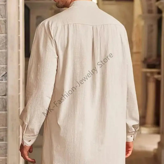 Q6PF Fashion Long Sleeve Men Thobe Ethnic Shirt Ramadans Gown Moroccan Robe