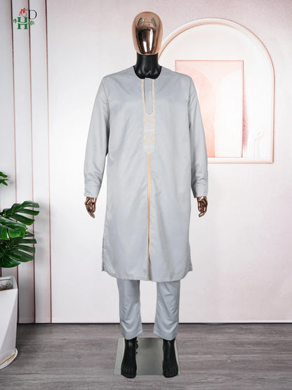 New African Traditional Clothes For Business Men Embroidery Dashiki Robe Shirt and Pants Sets 2 PCS Outfits Wedding Party 2025