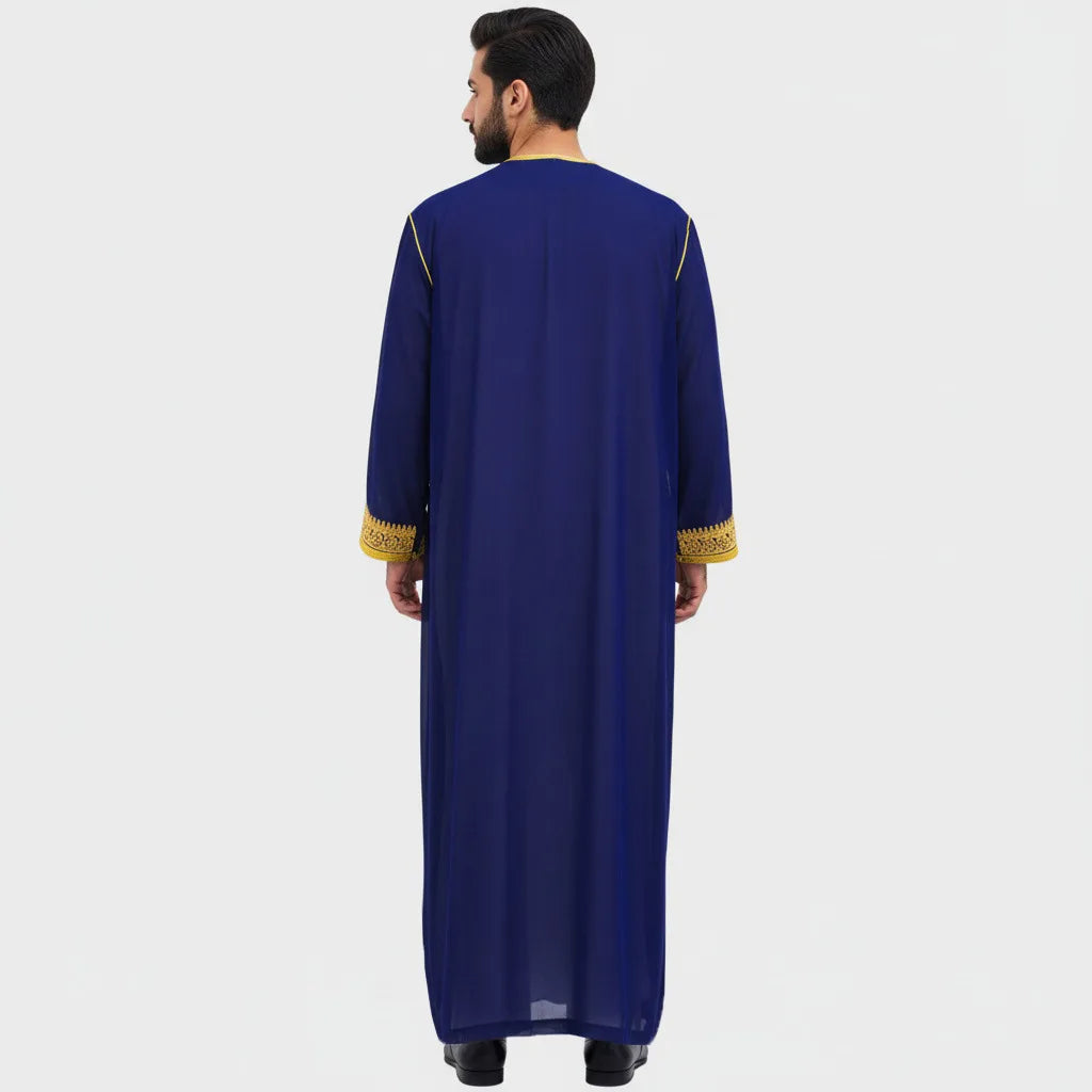 luxury Gold Embroidered Arab Traditional Long Robe Thobe Men's Formal Dress Middle East Ethnic Style Polyester Fiber