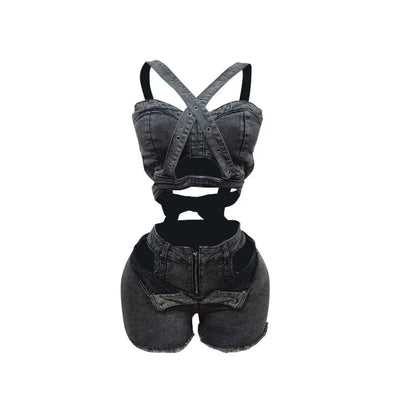 Ensemble 2 pièces Denim – Top Halter & Short Mini – Style Sexy & Club