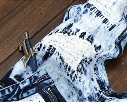 Jean Coupe Droite "Moto &amp; Biker" Patchwork – Style High Street, Broderies &amp; Denim Rigide