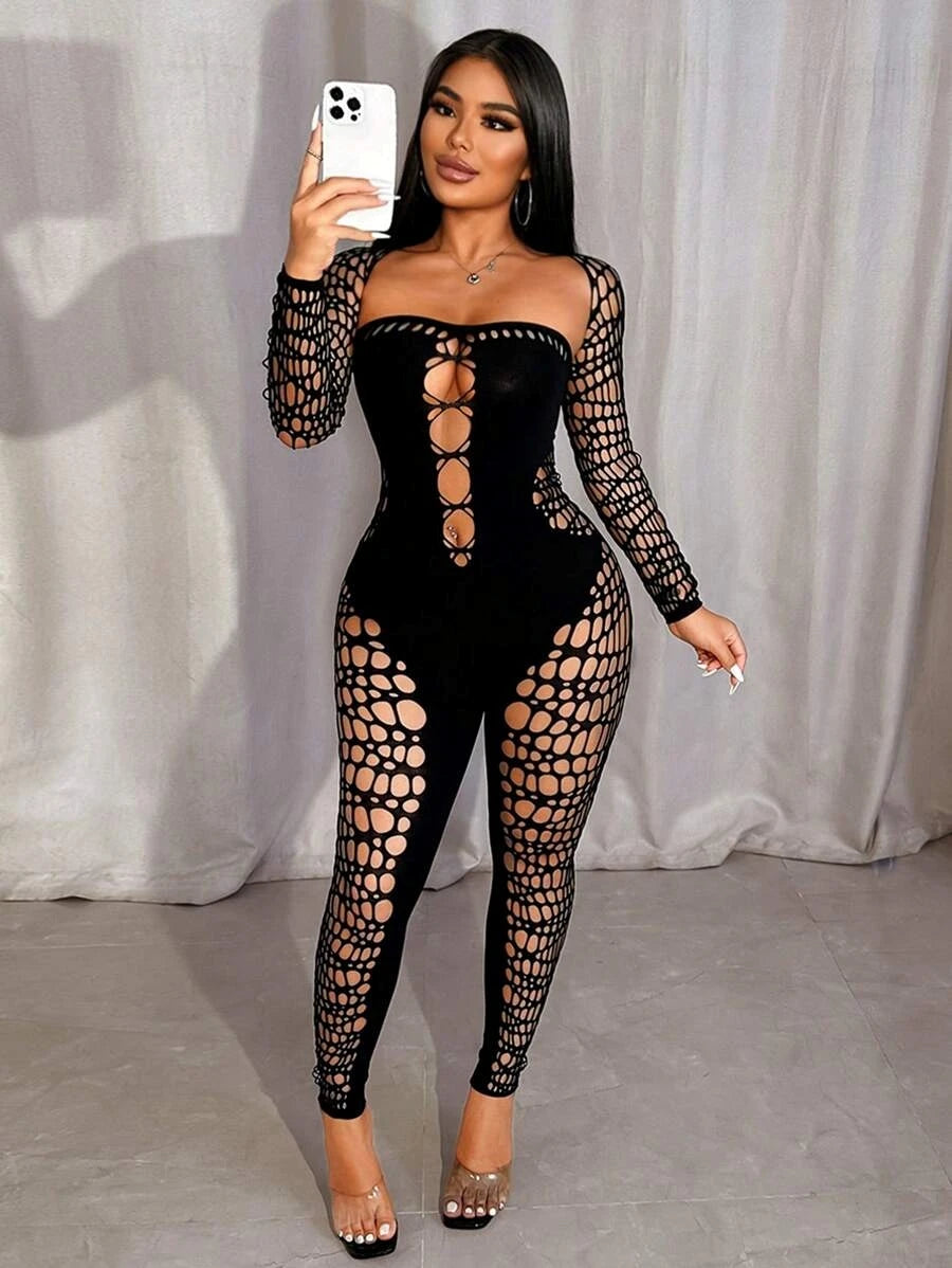 Nibber Sexy Hollow Strapless Jumpsuit+Shawl Women See Through Coquette Hipster Midnight Clubwear Activity Slim Workout Overalls