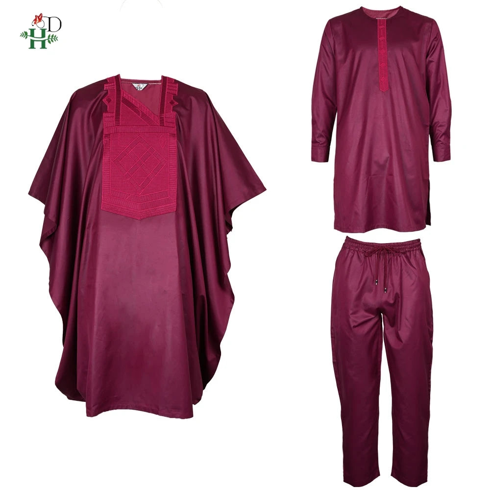 H&D African Clothing Traditional 3PCS Outfit For Man Bazin Riche Agbada Embroidery Wedding Party Plus Size Muslim Men Clothing
