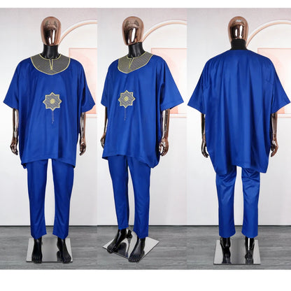 New African Traditional Clothes For Business Men Embroidery Dashiki Robe Shirt and Pants Sets 2 PCS Outfits Wedding Party 2025