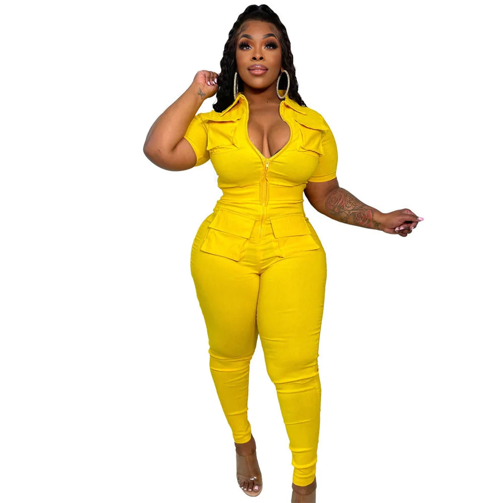 Wmstar Jumpsuit Women Summer Romper V Neck Zipper Short Sleeves Solid Pockets One Piece Outfits Bodysuit Wholesale Dropshipping