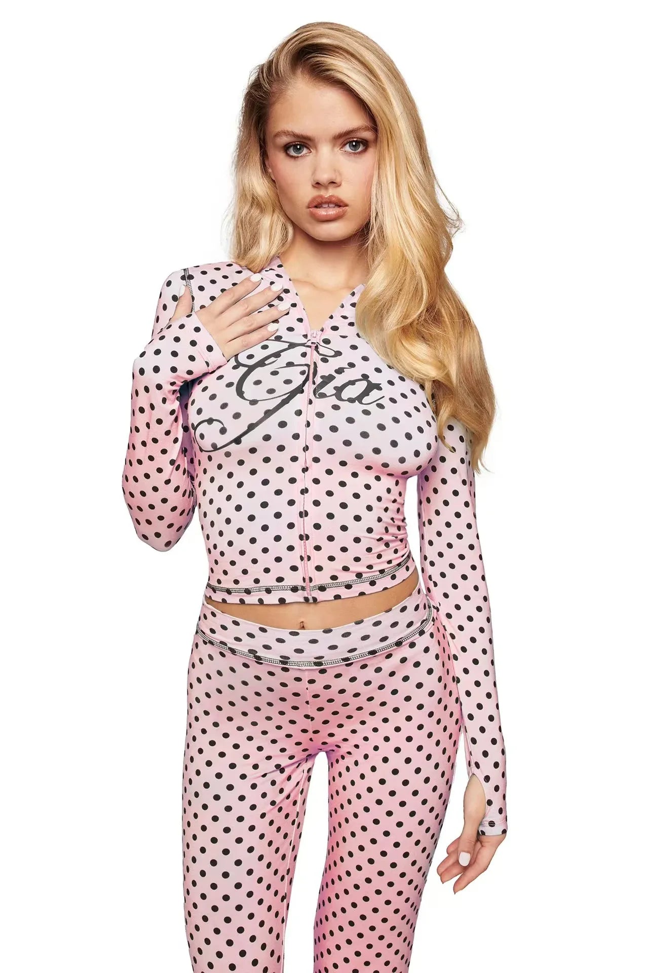 slim fit shoulder floral print bright line design slim fit hooded zipper short jacket pants for women