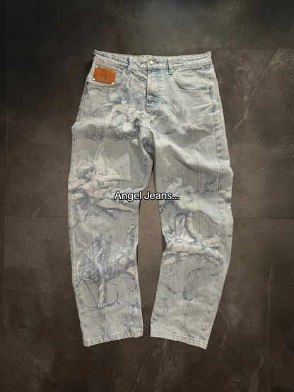 Jean Baggy Y2K "Angel Cupids Arrow" – Style Rétro Américain, Coupe Droite &amp; Denim Stonewashed