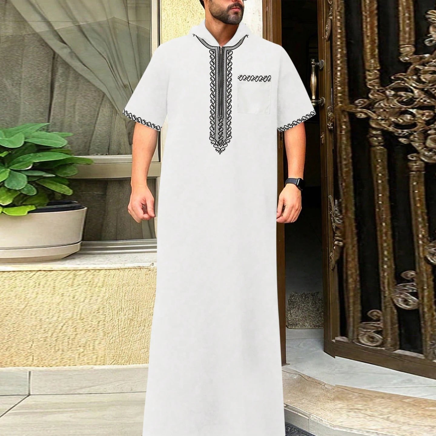 Muslim men's thobe long sleeves embroidered stand-up loose casual Saudi Arabia Islamic men's Abaya parties traditional clothing