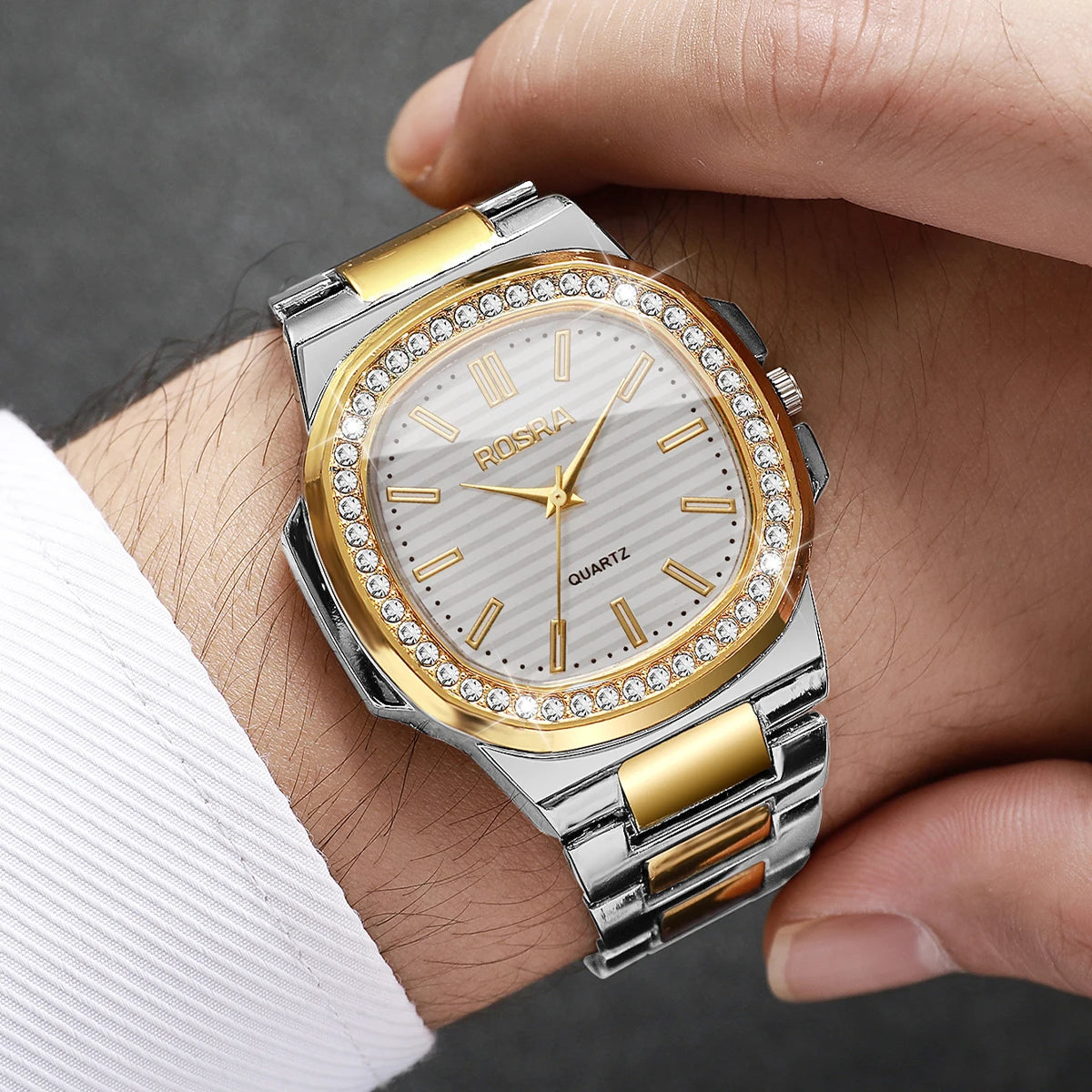 Luxury Rhinestone Men Business Watches Fashion Square Dial Steel Band Male's Quartz Wristwatch Reloj Hombre（Without Box）